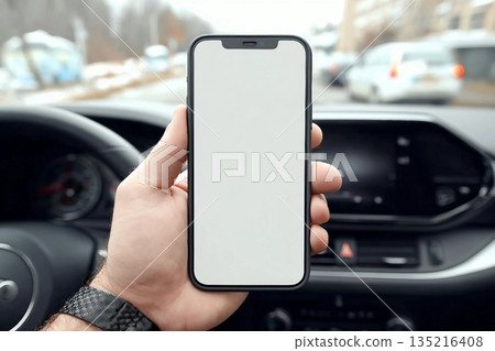 Smartphone mockup, man holding mobile phone in car, selective focus 135216408