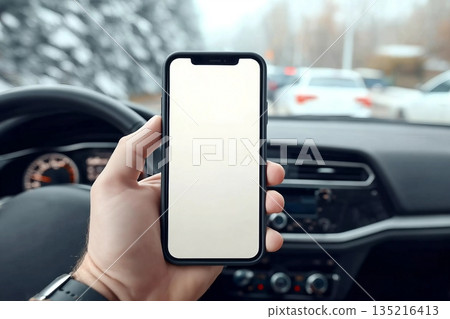 Smartphone mockup, man holding mobile phone in car, selective focus 135216413