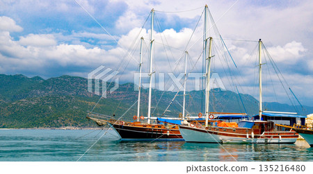 Traditional wooden gulet yachts anchored in a Mediterranean bay Traditional wooden gulet yachts anchored in a Mediterranean bay 135216480