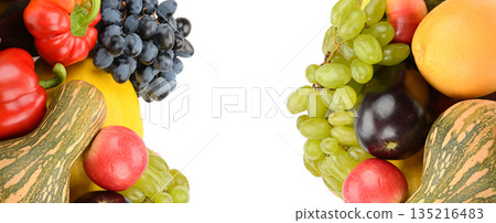 Colorful variety of seasonal fruits and vegetables isolated on white Colorful variety of seasonal fruits and vegetables isolated on white 135216483