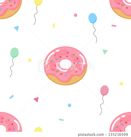 Cute Pink Donut Seamless Pattern Vector - Sweet Dessert with Balloons and Confetti 135216509