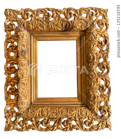 Wooden Ornate Gold Picture Frame with Floral Details. Wooden Ornate Gold Picture Frame with Floral Details. 135216595