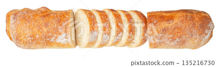 Sliced rustic white bread loaf with crust isolated on white background 135216730