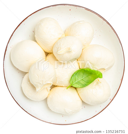 Fresh mozzarella cheese balls with basil leaf on ceramic plate isolated on white background, top view Fresh mozzarella cheese balls with basil leaf on ceramic plate isolated on white background, top view 135216731