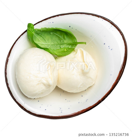 Fresh mozzarella cheese balls with basil leaf in ceramic bowl isolated on white background, top view 135216736