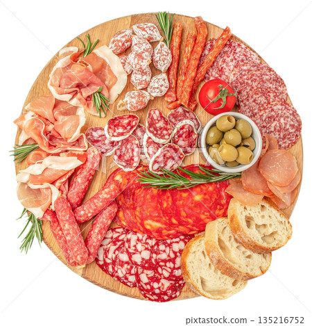Italian charcuterie platter with assorted cured meats, bread and olives isolated on white background, top view Italian charcuterie platter with assorted cured meats, bread and olives isolated on white background, top view 135216752