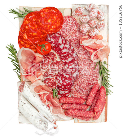 Italian charcuterie assortment with sliced salami, prosciutto and cured sausages on rustic wooden boards isolated on white, top view Italian charcuterie assortment with sliced salami, prosciutto and cured sausages on rustic wooden boards isolated on white, top view 135216756