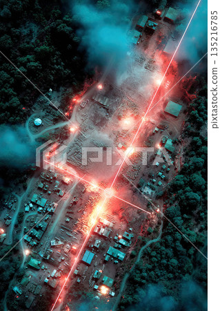 Satellite view reveals military operations and equipment movement in dense terrain 135216785