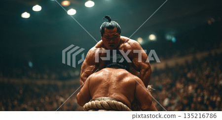 Sumo wrestler performs a powerful throw during a traditional competition in Japan 135216786