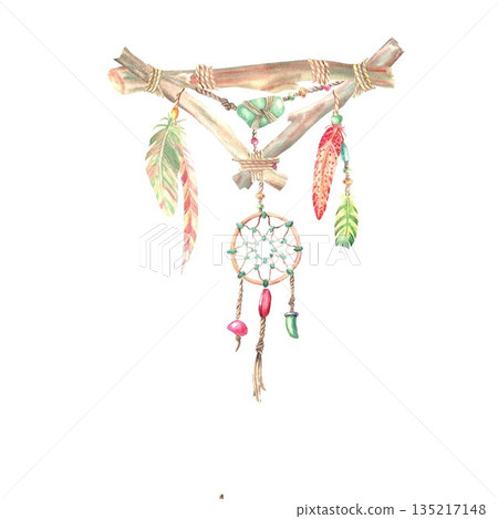 A boho illustration featuring red, yellow, green feathers, beads, and weaving on a wooden triangular frame, hand-painted with watercolors on an isolated background. Simple dreamcatcher clip art 135217148