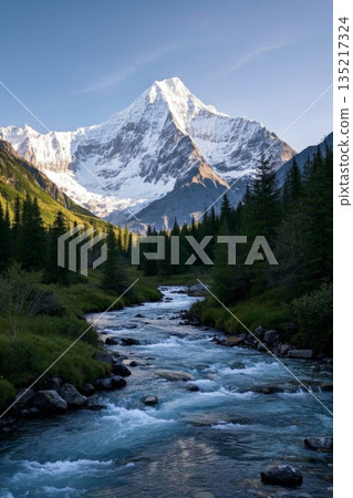 雪山下流淌的山间河流 135217324