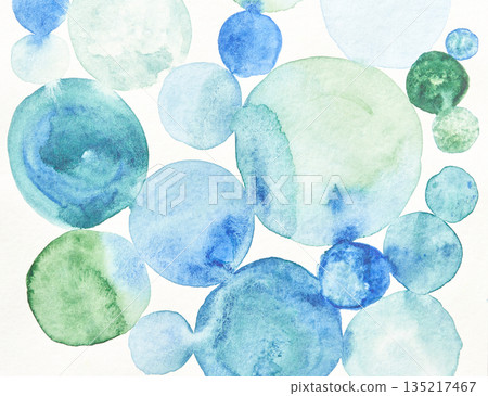 Abstract watercolor circles in various shades of blue and green overlapping 135217467