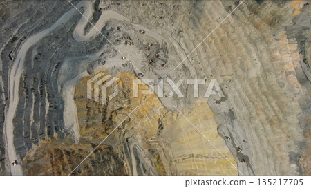Aerial of open mine and heavy mining equipment 135217705