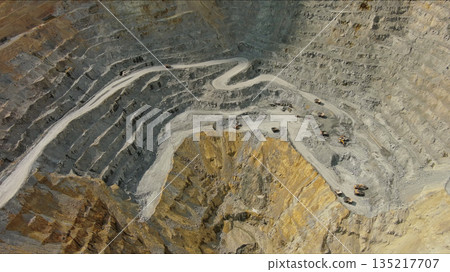Aerial of open mine and heavy mining equipment 135217707