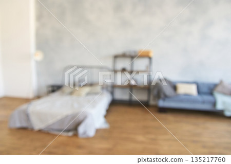Minimalist bedroom interior with blurred bed and couch arrangement 135217760