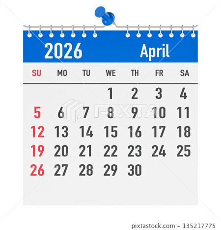 April 2026 wall calendar page with pin and spiral binding. 3D rendering April 2026 wall calendar page with pin and spiral binding. 3D rendering 135217775