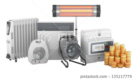 Electric heaters with power meter and stacks of coins. Energy cost and heating bills, concept. 3D rendering 135217779