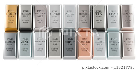 Gold, silver, platinum, copper, palladium, rhodium, tin, indium, lead, titanium, cadmium, zinc, aluminium, molybdenum, cobalt, gallium, lithium, nickel metal bullion bars. 3D rendering 135217783