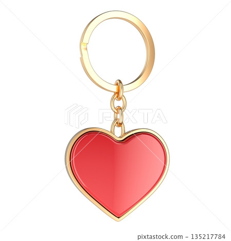 Heart keychain with gold ring and red pendant. 3D rendering Heart keychain with gold ring and red pendant. 3D rendering 135217784