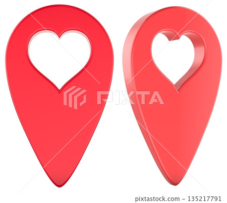 Red heart location pin icon, love map marker symbol. 3D rendering 135217791