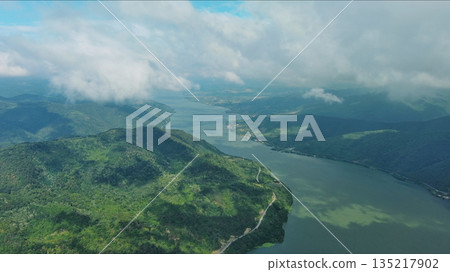Aerial view on Danube river and mountains Aerial view on Danube river and mountains 135217902
