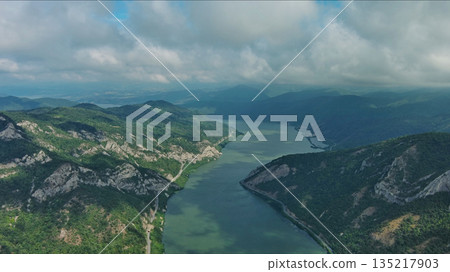 Aerial view on Danube river and mountains Aerial view on Danube river and mountains 135217903