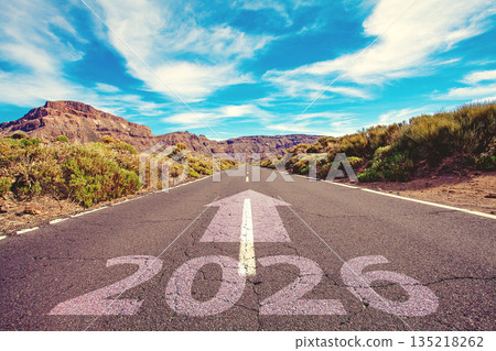 Road under blue sky with white clouds. positivity and success of the New Year 2026 concept 135218262