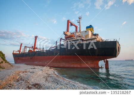 Dry cargo ship on ocean coast 135218267