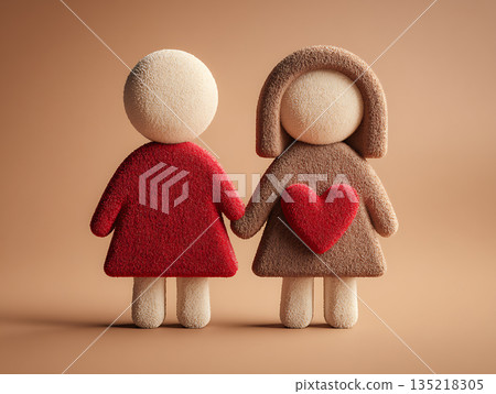 Two toy figures hold hands in celebration of Valentine's Day and love 135218305