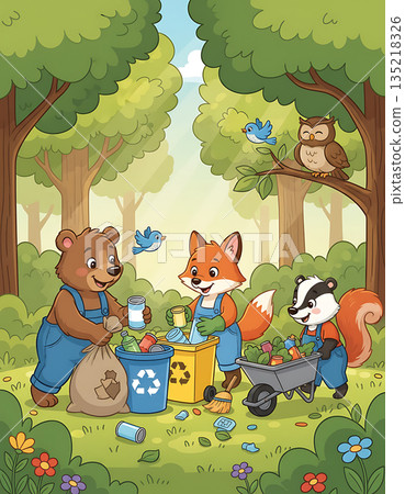 Animals recycle waste in forest illustration, helping to protect environment Animals recycle waste in forest illustration, helping to protect environment 135218326