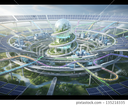 Circular city with solar panels and transportation showcases renewable energy Circular city with solar panels and transportation showcases renewable energy 135218335