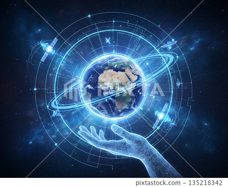 Earth day concept showing planet Earth surrounded by satellites Earth day concept showing planet Earth surrounded by satellites 135218342