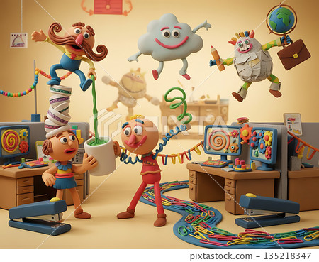 Clay office environment with characters interacting and working together Clay office environment with characters interacting and working together 135218347
