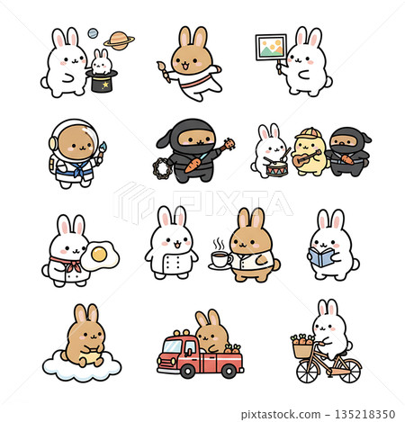 Cute cartoon bunnies doing various activities, including ninja, astronaut, painter Cute cartoon bunnies doing various activities, including ninja, astronaut, painter 135218350