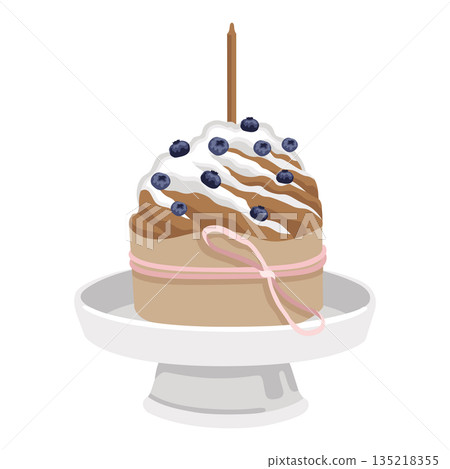 Hand-drawn Easter cake composition with cake stand, bow and candle and berries, Easter greeting card design Hand-drawn Easter cake composition with cake stand, bow and candle and berries, Easter greeting card design 135218355