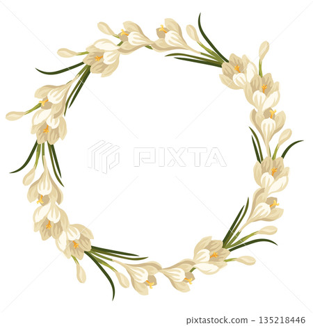 Hand-drawn floral wreath made of crocus flowers and buns and leaves, spring botanical composition 135218446