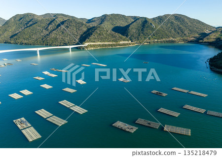 Aerial view of Bizen Hinase Bridge and oyster farming rafts in the Seto Inland Sea in winter, Okayama Prefecture Aerial view of Bizen Hinase Bridge and oyster farming rafts in the Seto Inland Sea in winter, Okayama Prefecture 135218479