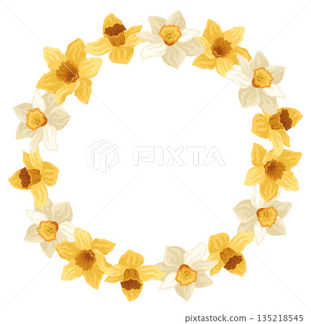 Hand-drawn floral wreath made of daffodil flowers, spring botanical round composition 135218545