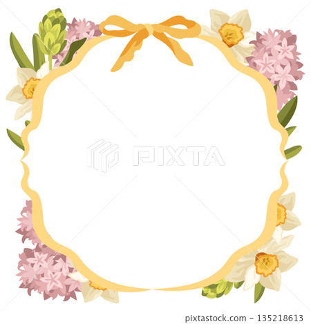 Hand-drawn spring card template with frame and a bow, spring flowers like daffodil and hyacinth, buds and leaves Hand-drawn spring card template with frame and a bow, spring flowers like daffodil and hyacinth, buds and leaves 135218613