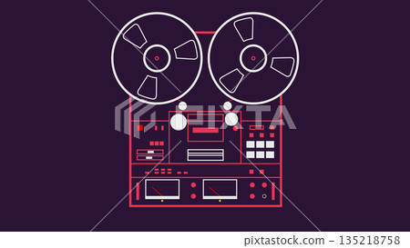 Vintage reel-to-reel tape recorder made from shapes plays music on a dark background. Retro tape recorder from 1980s. Front view. 135218758