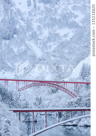 Snowy scenery of Shogawa Gorge and red bridge_Vertical 135218820