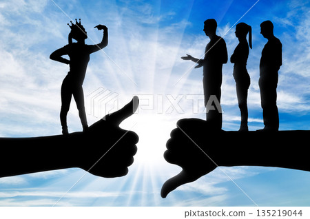 Selfishness. An arrogant selfish woman with a crown who thinks she is better than other people. Selfishness. An arrogant selfish woman with a crown who thinks she is better than other people. 135219044