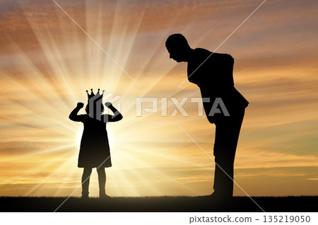 Childish selfishness. Dissatisfied parent dad and selfish child girl with crown screaming and being naughty 135219050