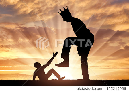 Selfishness. The big man with the crown on his head intends to destroy the little man 135219066