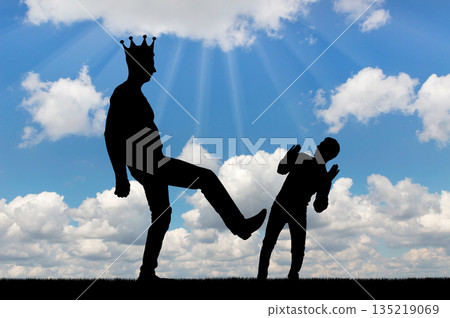 Selfishness and arrogance. The big man with the crown on his head wants to kick the little man 135219069
