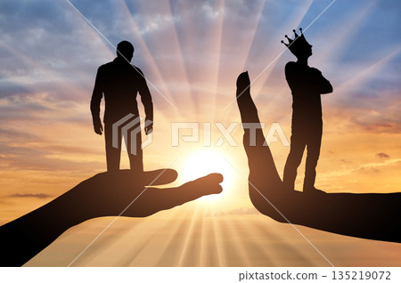 Selfishness. A distressed man on a begging hand and an arrogant man with a crown standing on the stop hand 135219072