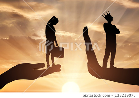 Inequality and sexism. A distressed woman on a begging hand and an arrogant man with a crown standing on the stop hand Inequality and sexism. A distressed woman on a begging hand and an arrogant man with a crown standing on the stop hand 135219073
