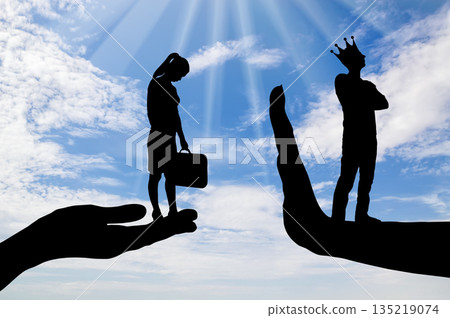 Inequality and sexism. A distressed woman on a begging hand and an arrogant man with a crown standing on the stop hand Inequality and sexism. A distressed woman on a begging hand and an arrogant man with a crown standing on the stop hand 135219074