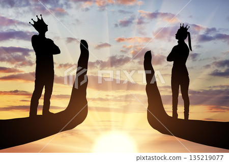 Selfishness and arrogance. Arrogant people, woman and man with crown standing on stop hand gesture. 135219077