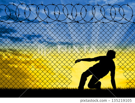A Ukrainian refugee illegally crosses the border - a fence made of barbed wire 135219105
